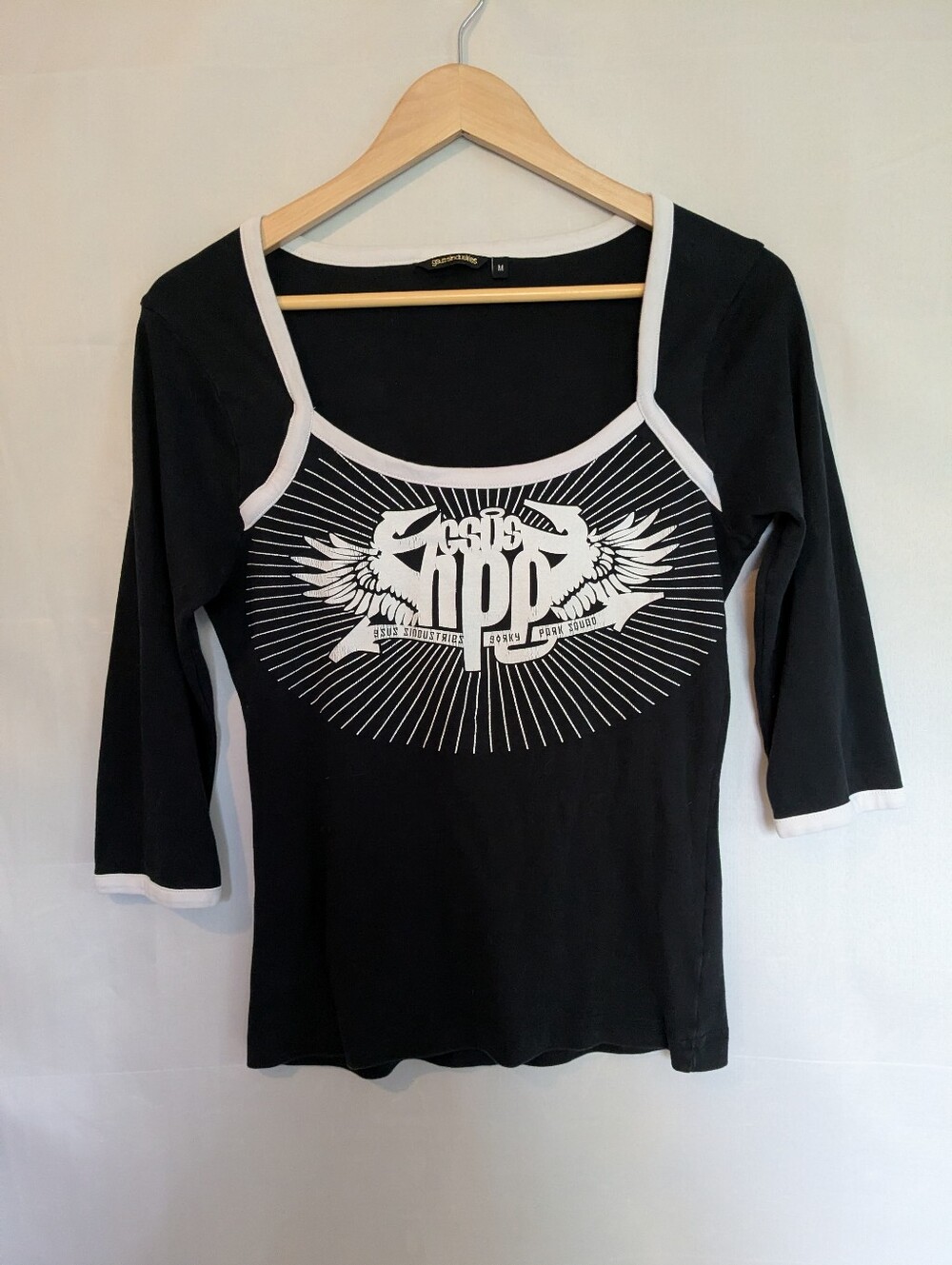 Vintage Y2K Gsus Sindustries Angel Wing Logo Graphic Fitted Top M Cotton Black